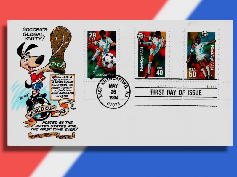 Striker the Mascot Celebrates World Cup '94 on Handcolored FDC with Three PNCs!