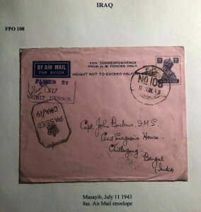 1943 Musayib Iraq Indian Base Censored Airmail Cover To Chittagong India