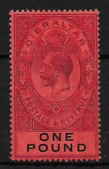 GIBRALTAR SG85 1912 £1 DULL PURPLE & BLACK ON RED MTD MINT