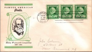 FDC 1940 SC #864 Linprint Cachet - Portland, Me - Strip Of 3 - J5444