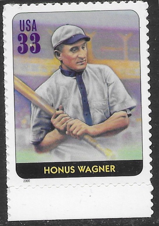 US #3408q MNH.  Legends of Baseball.  Honus Wagner.  Stats on back side.