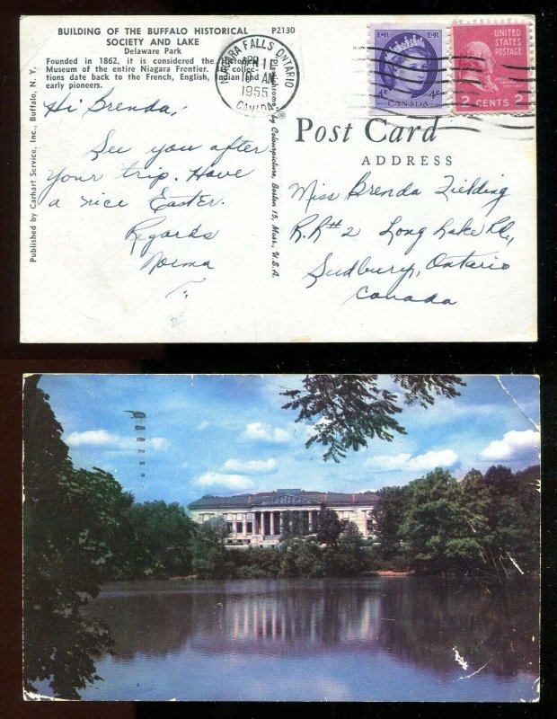 4591 - Canada USA 1955 MIXED FRANKING on Postcard. Wilding 4c Coil + 2c Prexie