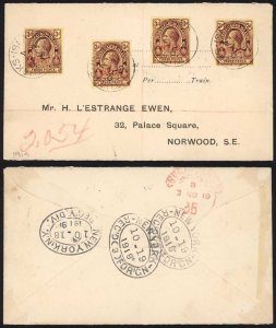 Turks and Caicos SG145 3d War Tax in RED x 4 On 1919 Cover