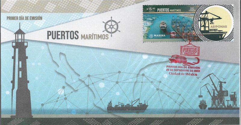 J) 2022 MEXICO, SEA PORTS, MAP, FDC