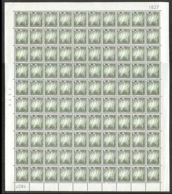 GREENLAND 1a Aurora FULL SHEET of 100 Fresh MINT NEVER HINGED