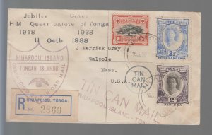 1938 Tonga Toga Tin Can Canoe Mail Jubilee Cover to the USA