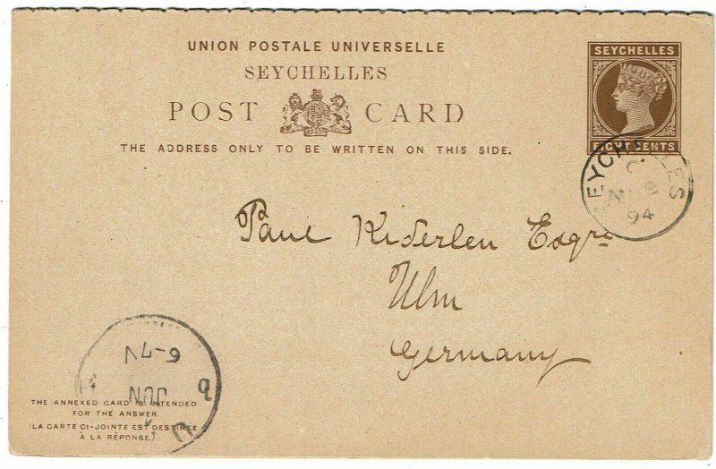 Seychelles 1894 8c postal reply card used to Germany