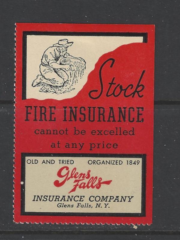 Est Early 1900s Stock Fire Insurance, Glens Falls, NY - Ad Poster Stamp (AW5)