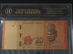 ​MALAYSIA-2010-24 KARAT GOLD REPLICA $20 RINGGIT BANK NOTE-WITH CERIFICATE VF