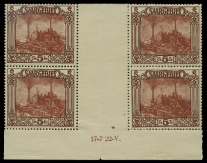 Saar #116 (Mi. 97ZWBR) Cat€630+, 1922-23 5fr brown and red brown, bottom ma...