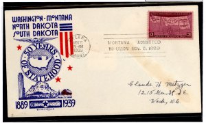 US 858 1939 Montana/50th anniv of statehood on an addressed FDC with a Helena, MT cancel and a Clifford cachet