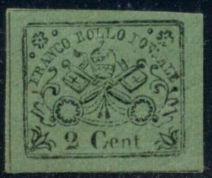 ITALIAN STATES ROMAN STATES #12a, 2¢ black on green, no period after cent, LH