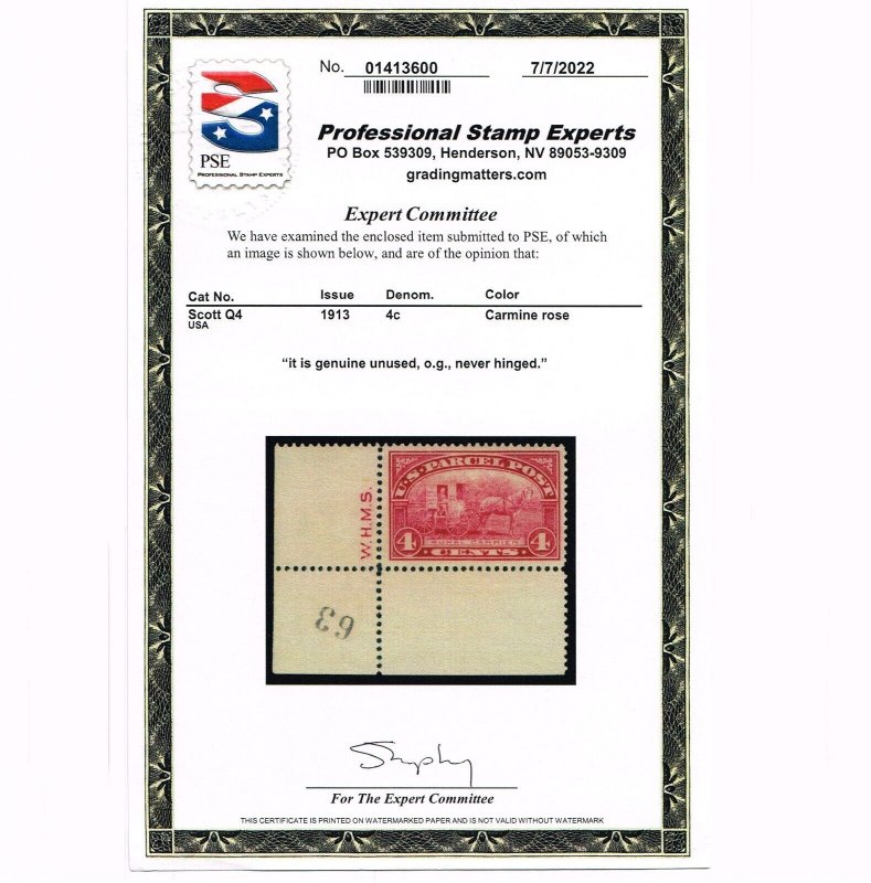 EXCEPTIONAL GENUINE SCOTT #Q4 VF-XF MINT PRISTINE OG NH PARCEL POST PSE CERT