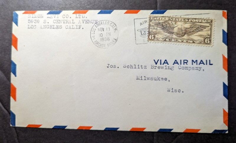 1936 USA Airmail Cover Los Angeles CA to Milwaukee WI Schlitz Brewing Co