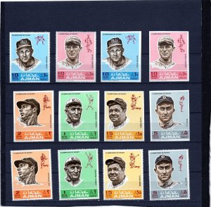 AJMAN 1969 BASEBALL 2 SETS OF 6 STAMPS PERF. & IMPERF. MNH