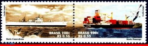 2831 BRAZIL 2001 CARGO SHIPS, MERCHANT SHIPS, WHALE, BIRDS, MI# 3213-14, SET MNH