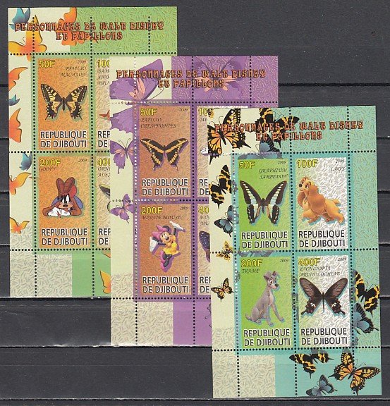 Djibouti, 2009 Cinderella item. Disney & Butterflies, 3 sheets of 4.