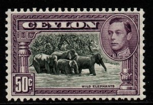 CEYLON SG394da 1938 50c BLACK & MAUVE WITH A MISSING FROM CA OF WMK MTD MINT