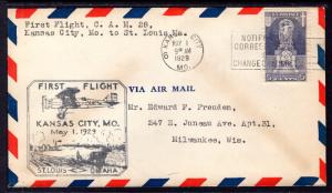 US Kansas City,MO to St Louis,MO 1929 First Flight Cover