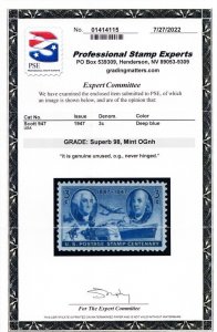 947, Mint NH 3¢ Superb With PSE Graded 98 Certificate * Stuart Katz