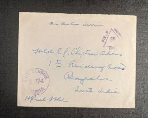 1943 FPO No 163 Trincomalee Ceylon Censored Cover to Bangalore India