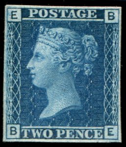 GB 1867 2d Paris exhibition proof plate 9 BE in blue on soft white card, 4