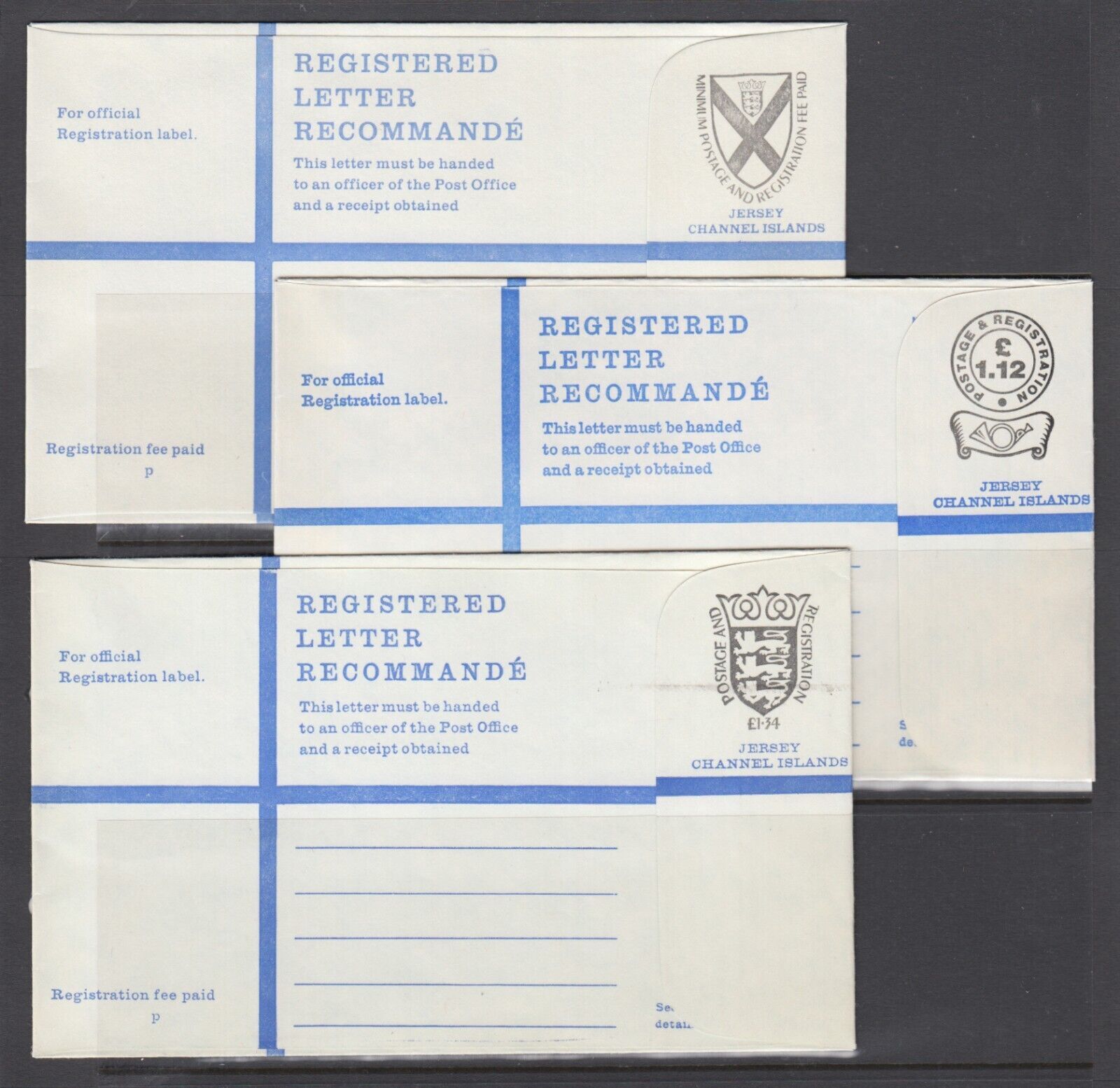 Jersey, c. 1960 Registered Envelopes, 3 different denominations, VF