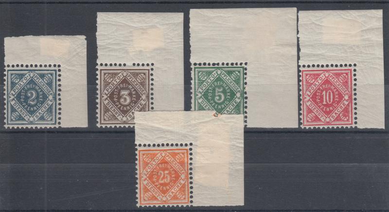 Wurttemberg Sc O1/O6 MNH. 1875-1900 Officials, Choice Sheet Corner Matched