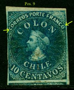 CHILE 1862 COLUMBUS 10c deep blue (LONDON prt) Sc#12a MINT MH XF OG* plate pos 9