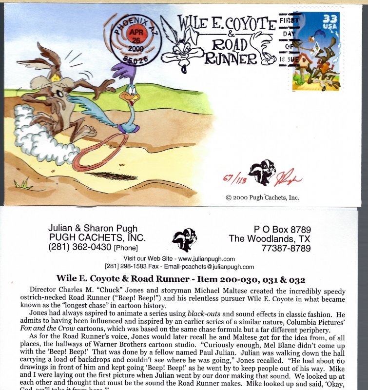 Fun Pugh Designed/Painted Wile Coyote & Road Runner FDC.. 67 of 113 created!