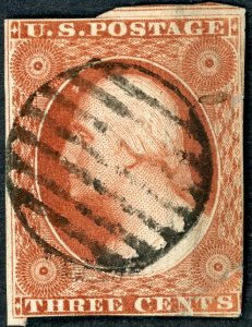 #10 – 1851-57 3c George Washington, imperforate,  Used. PSE Cert.