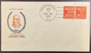 846 Fidelity cachet John Quincy Adams Line Pair Coils Prexie Series FDC 1939