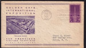 1939 Golden Gate Expo Sc 852 NIM FIDELITY single color cachet San Francisco