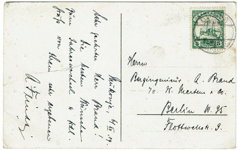 Cameroun 1909 Duala cancel on postcard to Germany