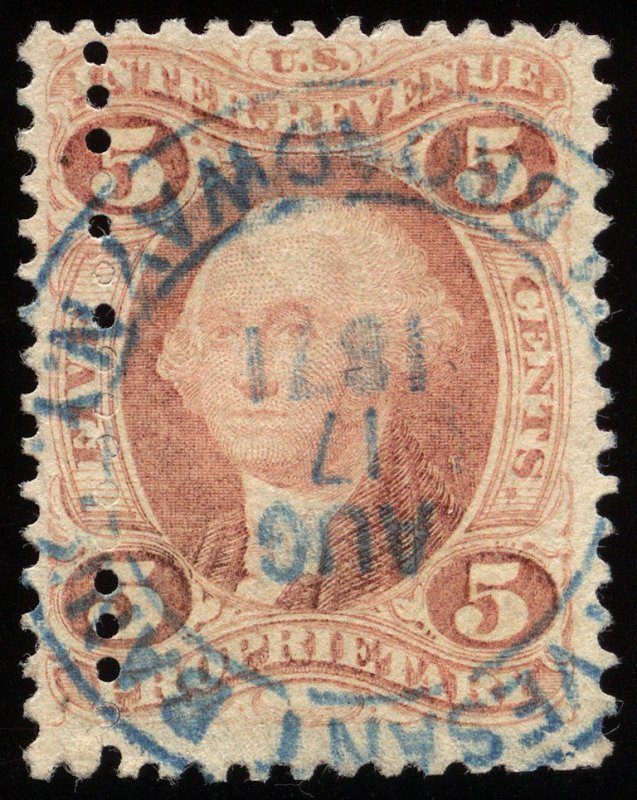 rs0040 U.S. Revenue Scott R29d 5-cent Proprietary on silk paper, freak perfs