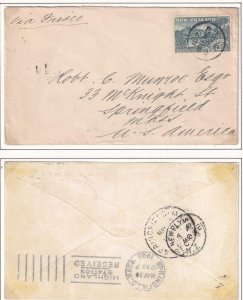 NEW ZEALAND 21/2d INGLEWOOD TO SPRINGFIELD MASS USA COVER WITH NEW PLYMOUTH BACK