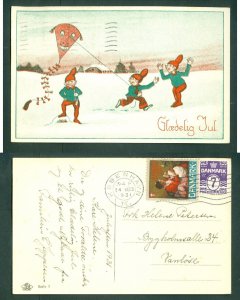 Denmark. Christmas Card 1931. Seal+ 7 Ore.24 Dec.Copenh. Santas, Kite In The Air