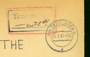 GERMANY FRENCH ZONE 1947 POSTAGE PAID Cover REUTLINGEN to USA