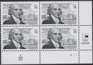 3545 James Madison Plate Block MNH