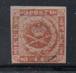 Denmark Sc 4 1854 4 s brown Royal Emblems stamp used