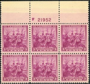 USA #836 Swedish Finnish Tercentenary 21952F Top Plate Block 3c Postage 1938 MNH 