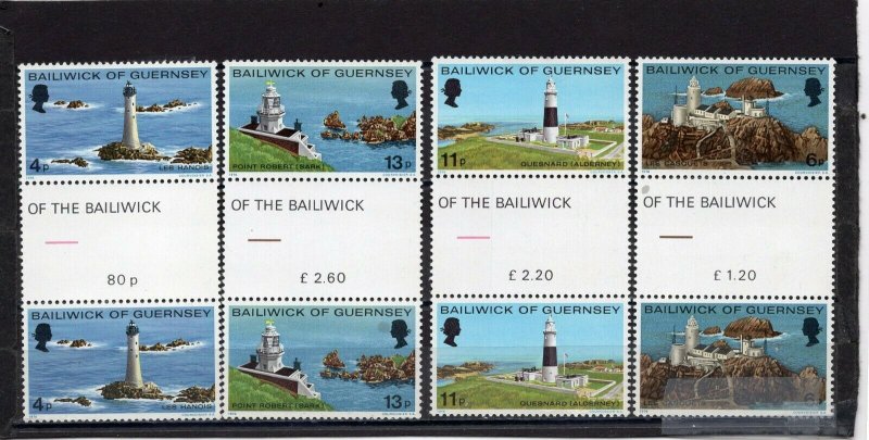 GUERNSEY 1975 LIGHTHOUSES SET OF 4 GUTTER PAIRS MNH