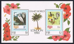 Fiji 623 sheet, MNH. Michel 618-619 Bl.9. LONDON-1990. Reef heron, Honey eaters.