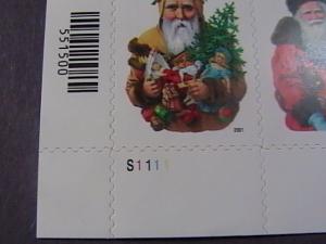 U.S.# 3537-3540(3540b)-MINT/NH--LL PLATE # BLOCK  OF 4------CHRISTMAS-----2001