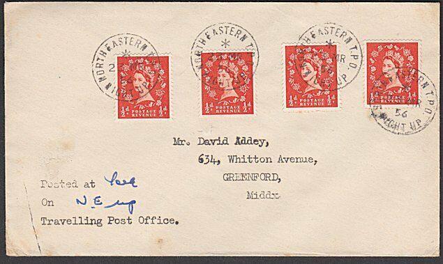 GB 1956 cover NORTH EASTERN TPO / NIGHT UP railway cds.....................57413