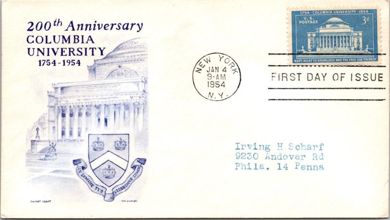 FDC 1954 SC #1029 Cachetcraft Cachet - New York NY - Single - J356