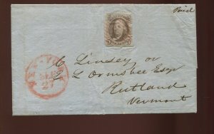 1 Franklin Imperf Used Stamp on SEP 27 1847 Cover NY to Rutland VT (LV 1637) 