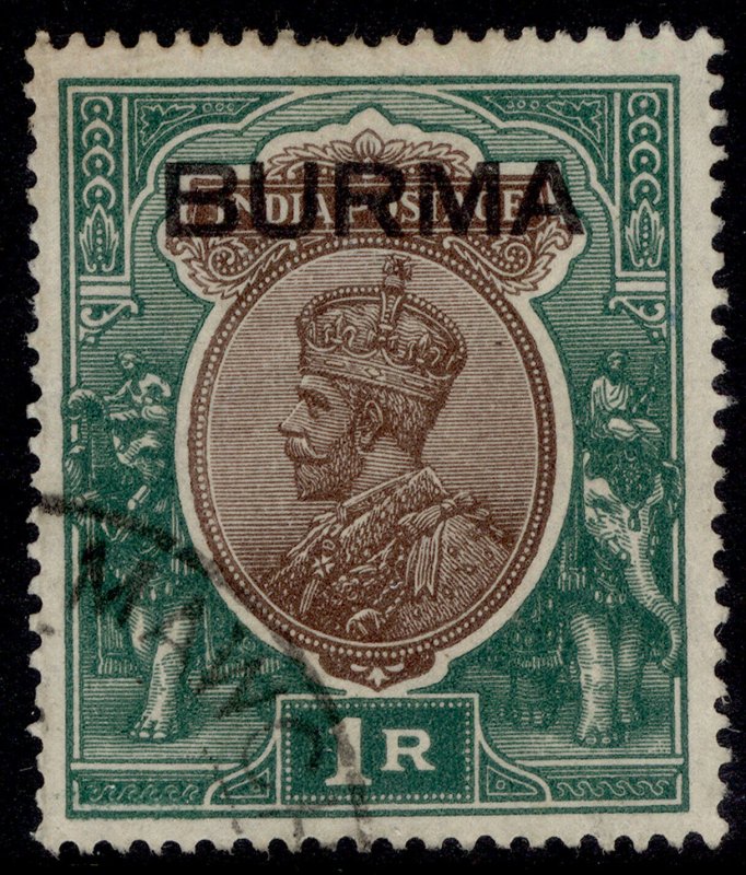 BURMA GVI SG13, 1r chocolate & green, FINE USED. Cat £7.