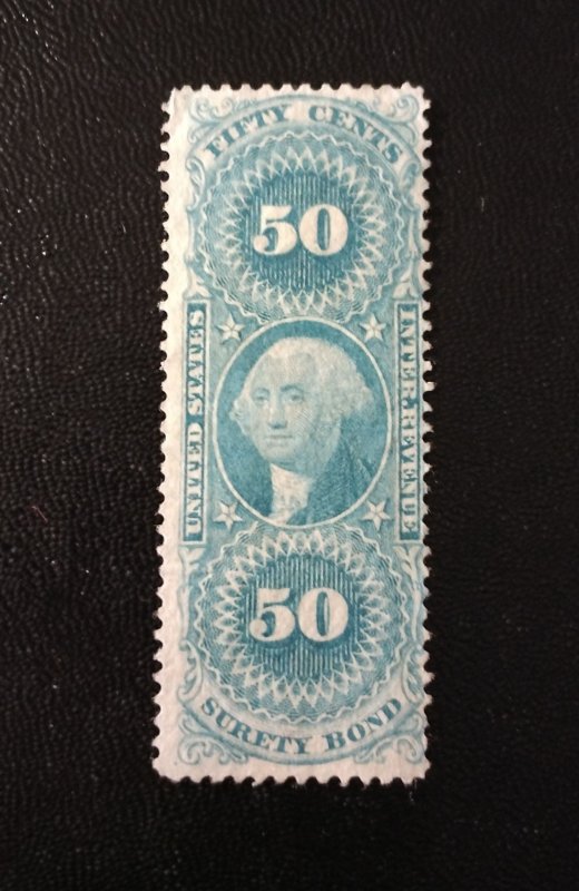 US #R63  Mint NG 50c Surety Bond F-VF Blue Revenue Stamp 1872