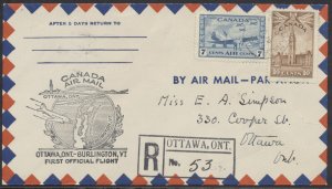 1946 Flight Cover Registered Ottawa to Burlington VT USA AAMC #4603